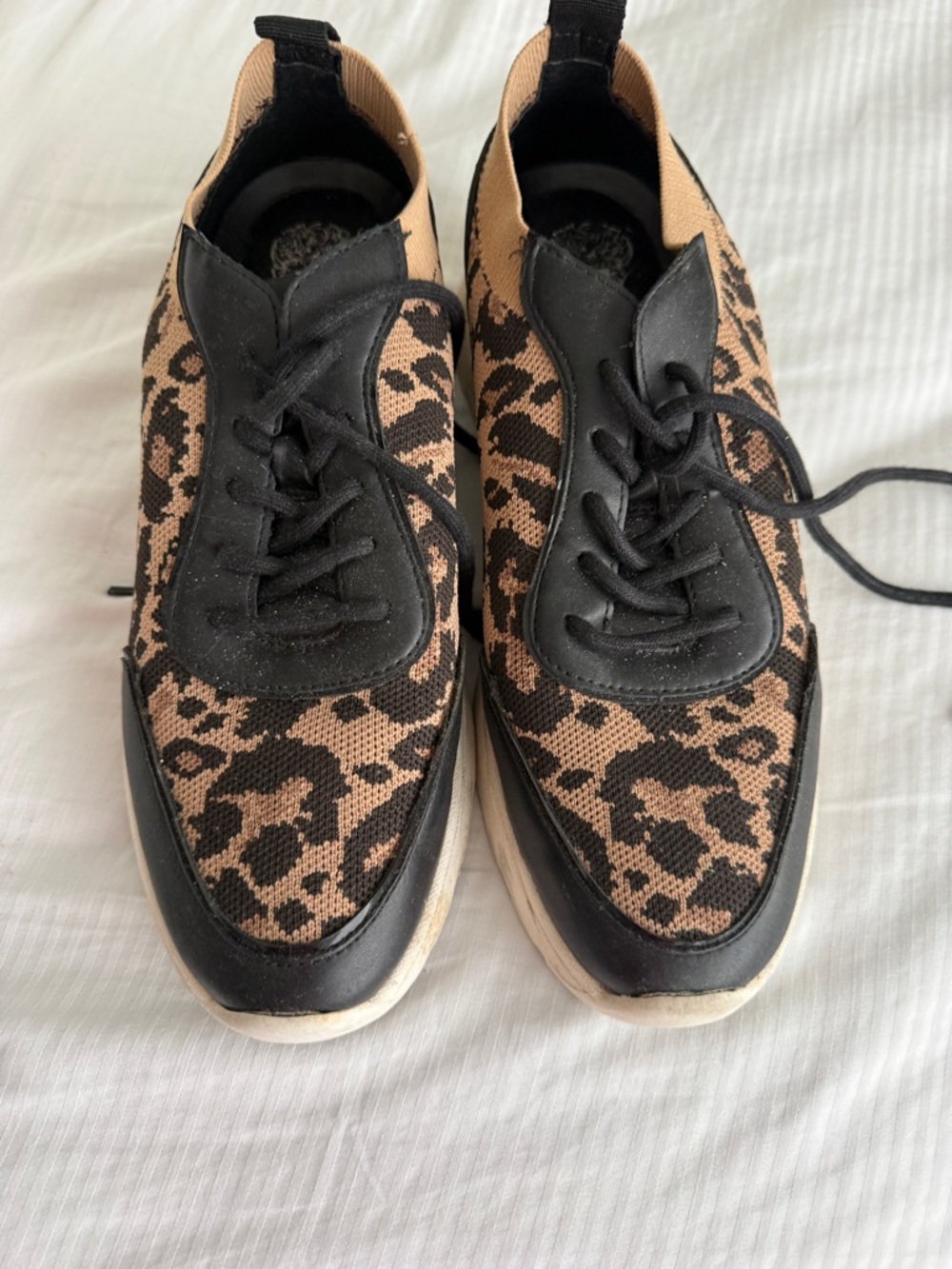 Vince Camuto Leopard Knit Lace-Up Sneakers in Black & Tan